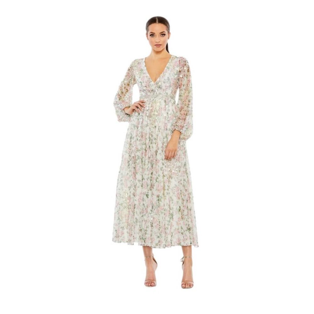 Mac Duggal NWT Sz 8 93788 Embellished Floral Print Faux Wrap A Line Midi Dress